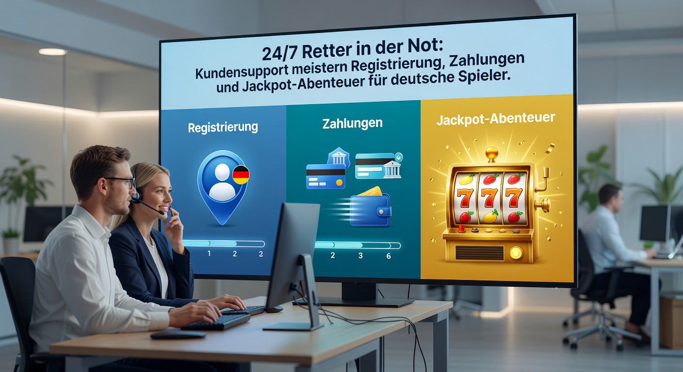 Grafik zeigt einen Support-Agenten am Chat, der einem Spieler rund um die Uhr hilft, mit Symbolen für Registrierung, Zahlungen und Jackpots im Hintergrund