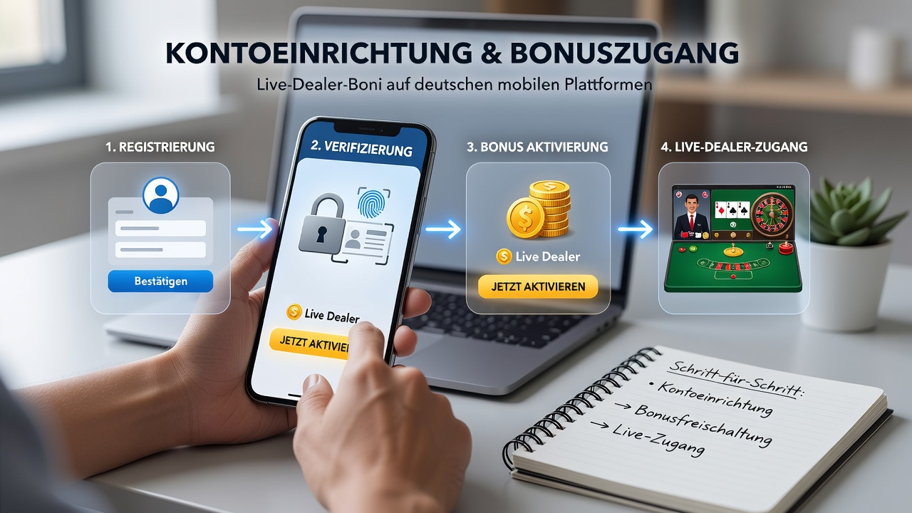 Mobile Oberfläche zeigt Verifizierungsfortschritt und Bonusaktivierung für Live-Dealer-Spiele