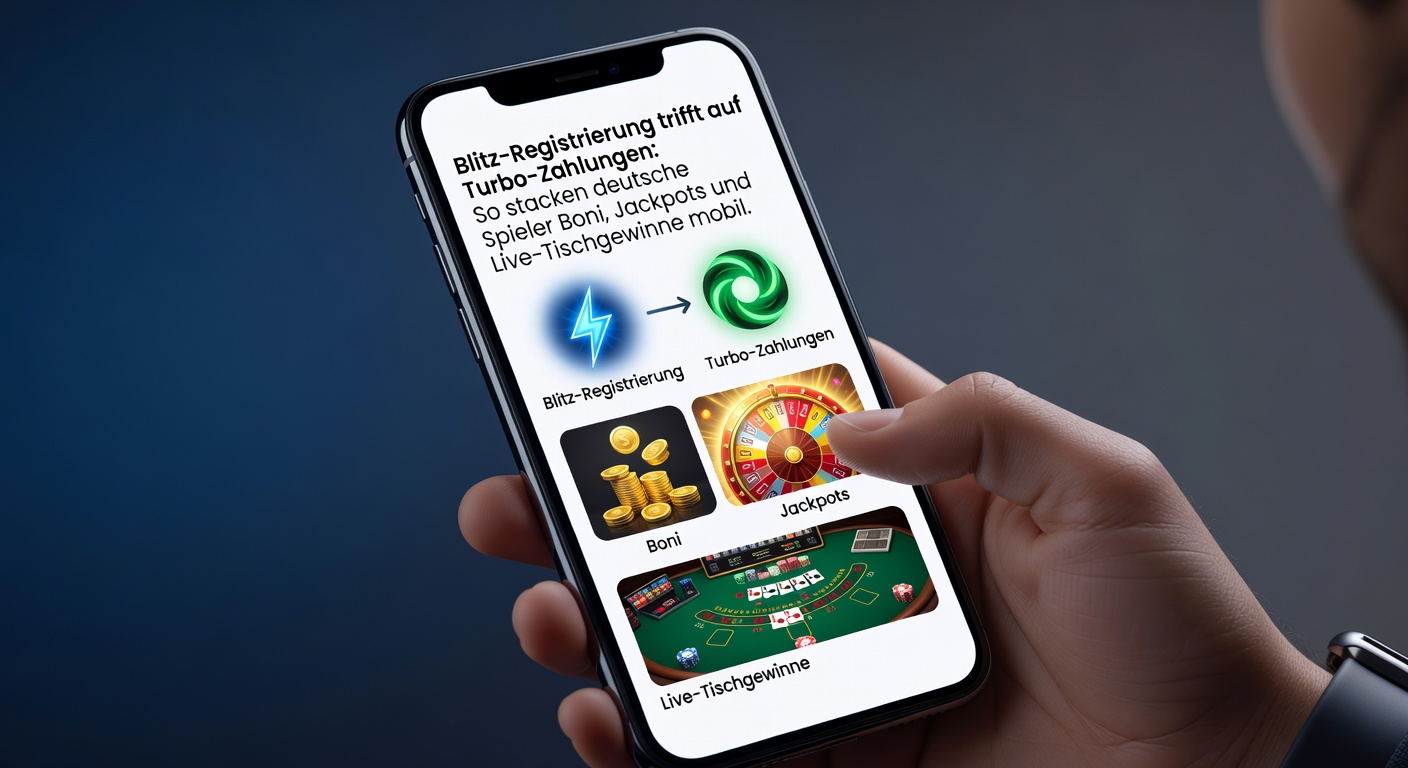Smartphone mit blitzschneller Registrierung und Turbo-Zahlungsoptionen für mobile Casino-Spiele, umgeben von Icons für Boni, Jackpots und Live-Tische
