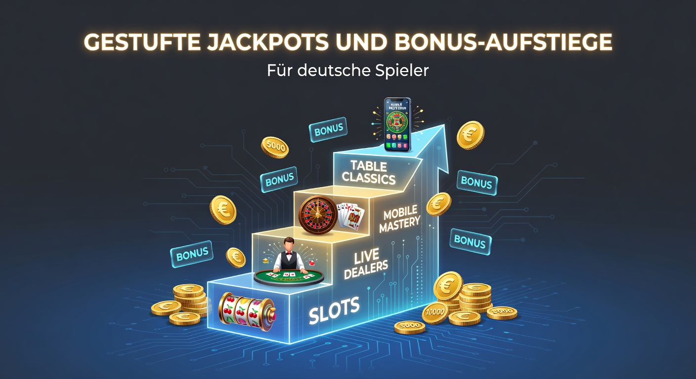 Grafik zu gestuften Jackpots in einem Slot-Spiel mit aufsteigenden Bonusleiter-Stufen, typisch für mobile Casino-Apps